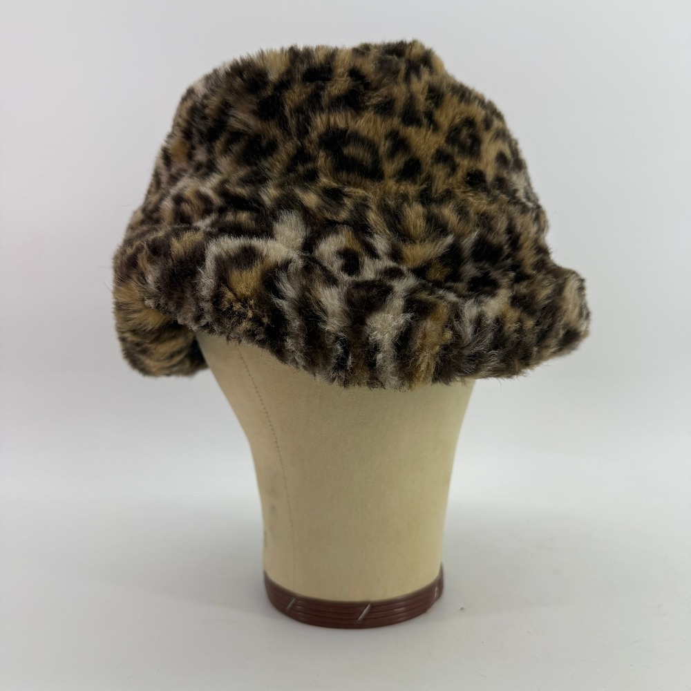Original Anthony VTG Faux Fur Bucket Hat Leopard Print Brown Black Fuzzy Y2K